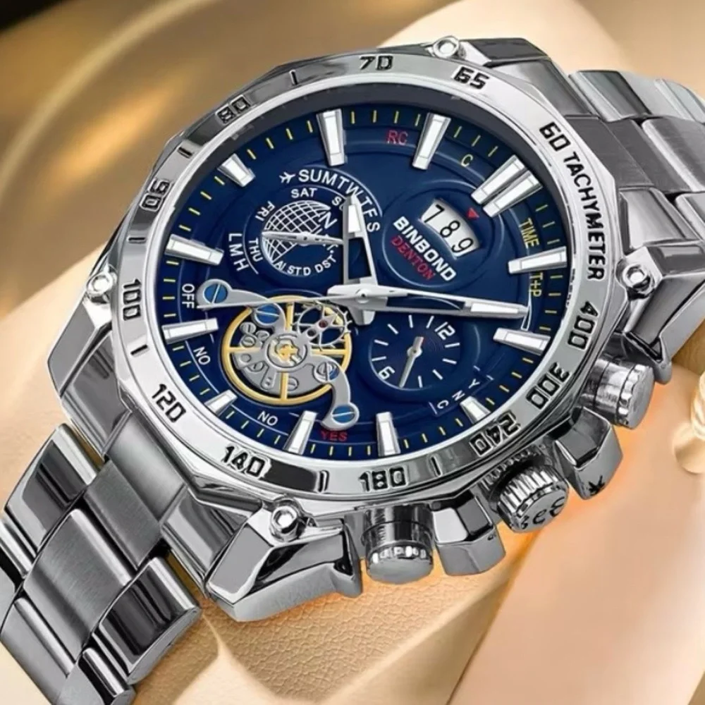 Binbond Bestwin Blue Dial Chronograph Silver Stainless Steel Quartz Watch